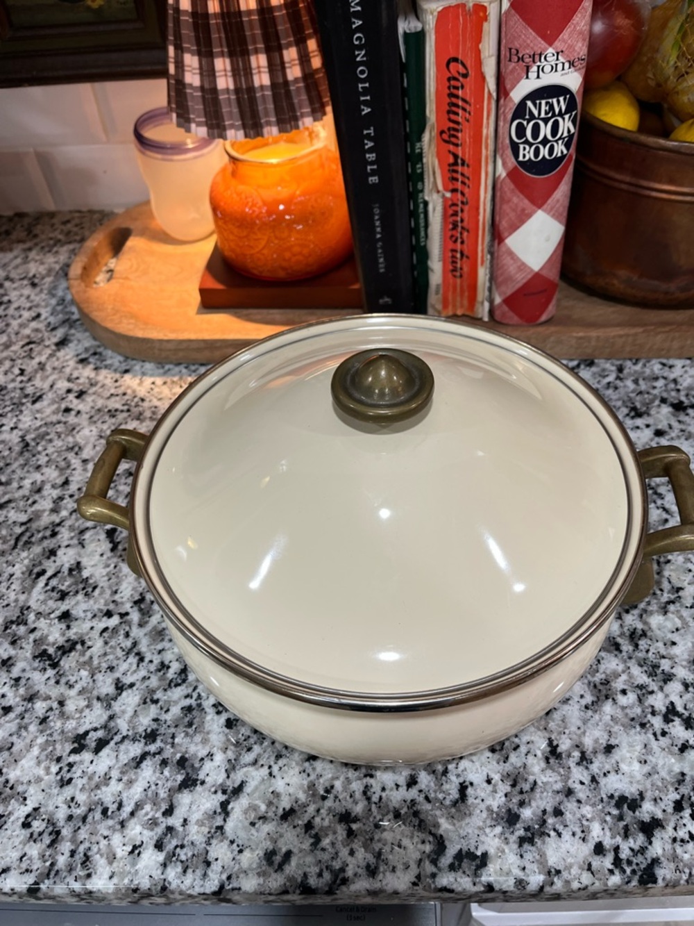 Cream La Cuisine Collection Dutch Oven with Brass-Tone Handles and Lid